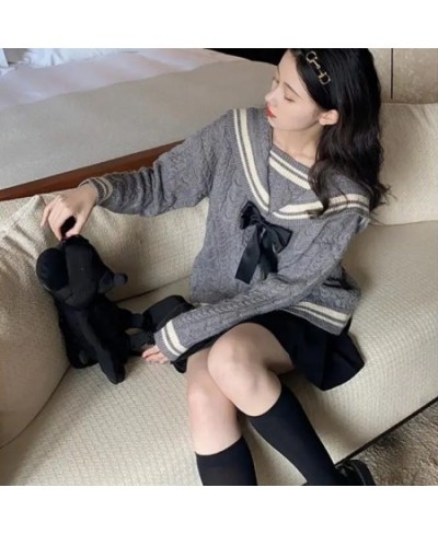 Navy Sailor Collar Sweater Kawaii Long Sleeve Jumpers Korean Style 2023 Casual Vintage Knitwear Lazy Oaf College Clothes $50....