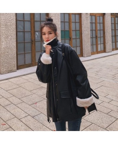 2022 new Winter Oversized Leather Jacket Women with Faux Rex Rabbit Fur Inside Warm Soft Thickened Fur Lined Coat Long Sleeve...