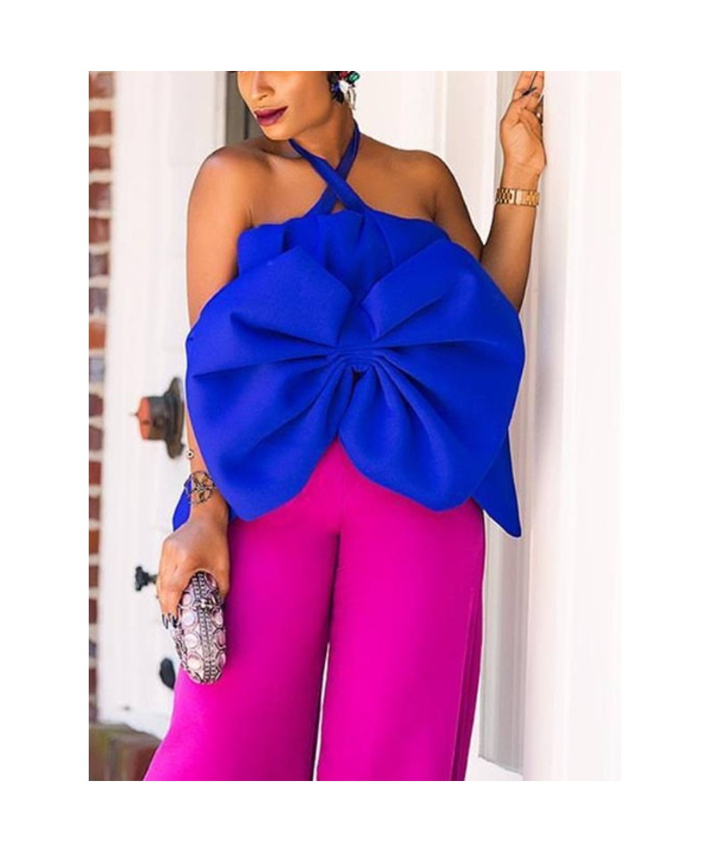 Women Halter Crop Tops Shirts Sexy Summer Patchwork Big Bowtie Backless Event Evening Clubwear Party Summer Night Out Bluas N...