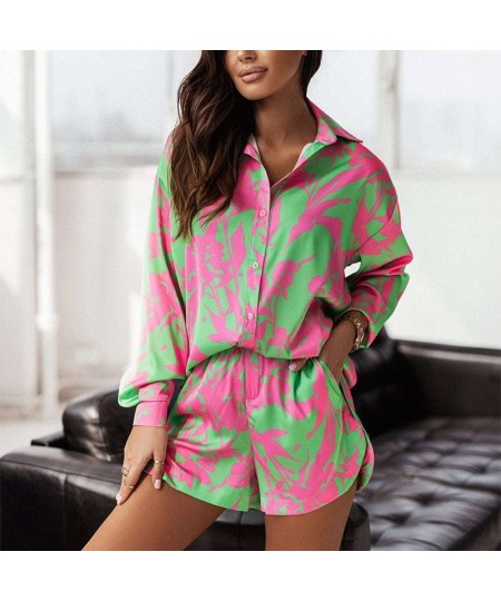 Fashion Print Shorts Suits Women Vintage Long Sleeve Shirt and Short Pants Suit Two Piece Set Female Loose Lapel Casual Outfi...