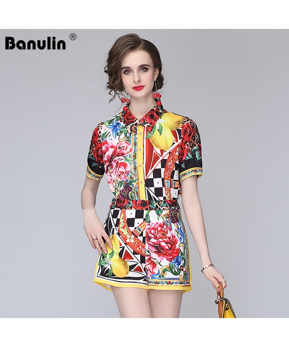 2023 New Summer Runway Two Piece Shorts Set Women's Short Sleeve Color Matching Flower Print Shirts＋Shorts Suits N56621 $55.9...