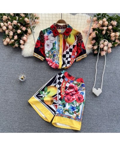 2023 New Summer Runway Two Piece Shorts Set Women's Short Sleeve Color Matching Flower Print Shirts＋Shorts Suits N56621 $55.9...