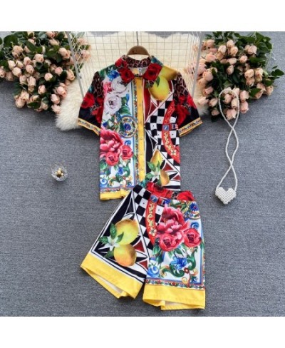 2023 New Summer Runway Two Piece Shorts Set Women's Short Sleeve Color Matching Flower Print Shirts＋Shorts Suits N56621 $55.9...