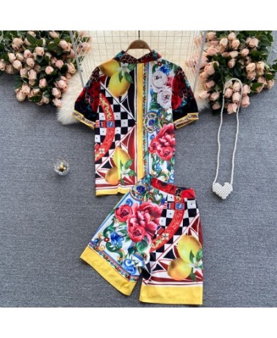 2023 New Summer Runway Two Piece Shorts Set Women's Short Sleeve Color Matching Flower Print Shirts＋Shorts Suits N56621 $55.9...