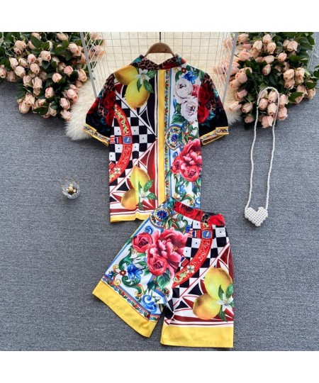 2023 New Summer Runway Two Piece Shorts Set Women's Short Sleeve Color Matching Flower Print Shirts＋Shorts Suits N56621 $55.9...