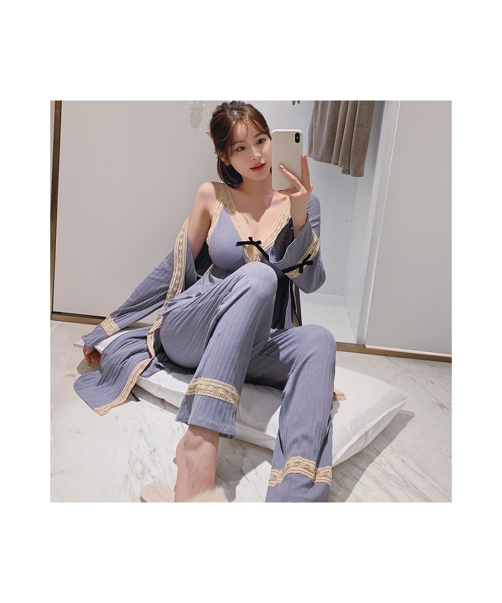 Autumn/winter Women Cotton Pajamas with Chest Pad Lace Princess Sexy Suspender Nightgown Three-piece Homewear Outside Vest Ro...