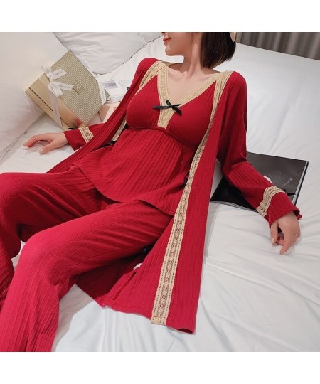 Autumn/winter Women Cotton Pajamas with Chest Pad Lace Princess Sexy Suspender Nightgown Three-piece Homewear Outside Vest Ro...