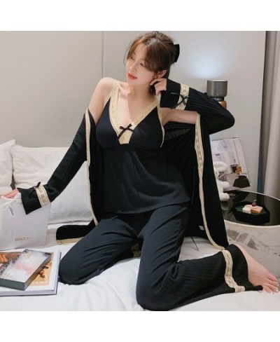 Autumn/winter Women Cotton Pajamas with Chest Pad Lace Princess Sexy Suspender Nightgown Three-piece Homewear Outside Vest Ro...