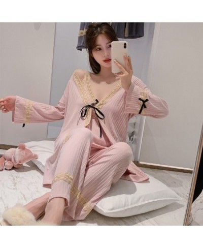 Autumn/winter Women Cotton Pajamas with Chest Pad Lace Princess Sexy Suspender Nightgown Three-piece Homewear Outside Vest Ro...