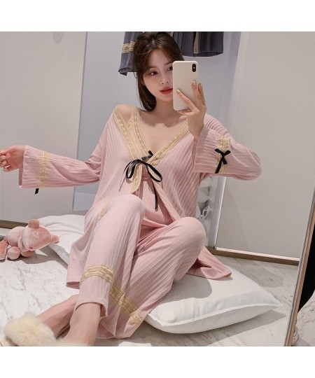 Autumn/winter Women Cotton Pajamas with Chest Pad Lace Princess Sexy Suspender Nightgown Three-piece Homewear Outside Vest Ro...