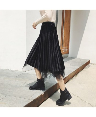 Irregular Velvet Tulle Pleated Skirt Autumn Winter Two Sides Wear Women Long Skirt Korean Fashion Champagne Black Skirt $34.4...