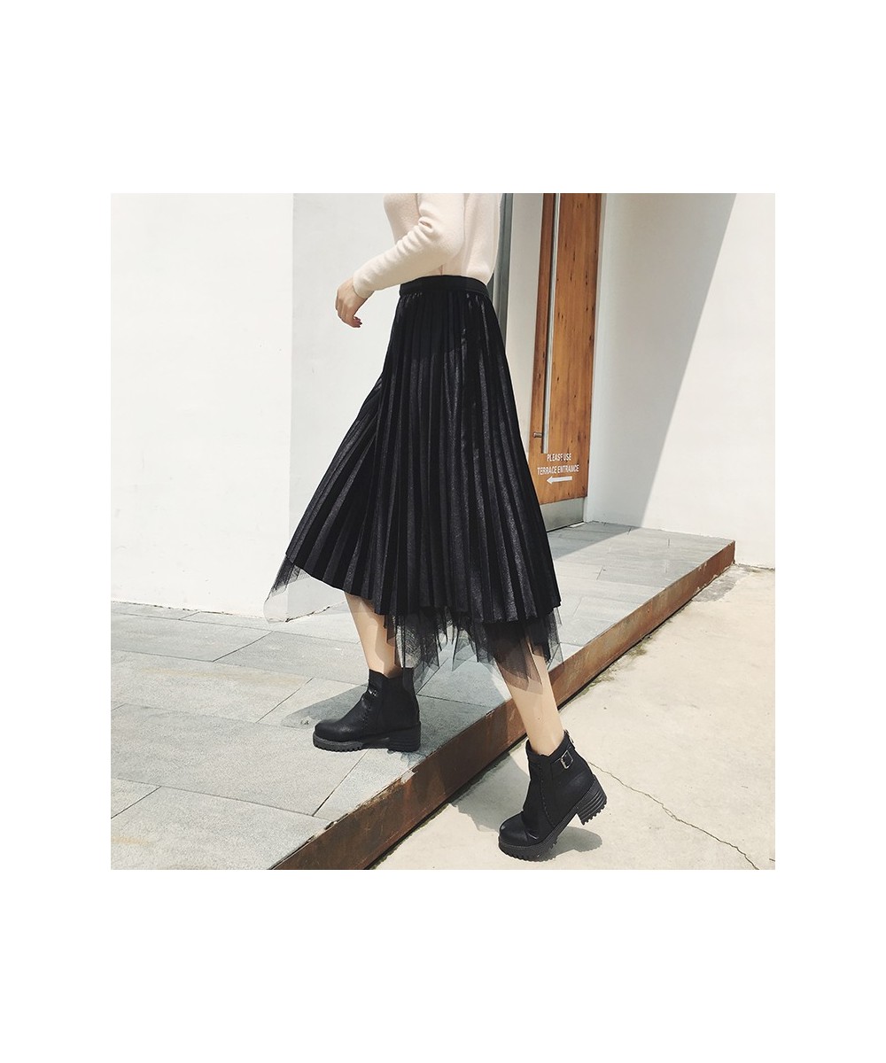 Irregular Velvet Tulle Pleated Skirt Autumn Winter Two Sides Wear Women Long Skirt Korean Fashion Champagne Black Skirt $34.4...