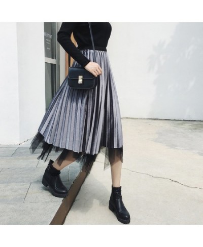 Irregular Velvet Tulle Pleated Skirt Autumn Winter Two Sides Wear Women Long Skirt Korean Fashion Champagne Black Skirt $34.4...