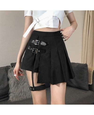 Black Leg Ring Asymmetrical Pleated Skirt Lining Metal Buckle High Waist Slim and Fresh Short Skirt Skirt $55.59 - Skirts