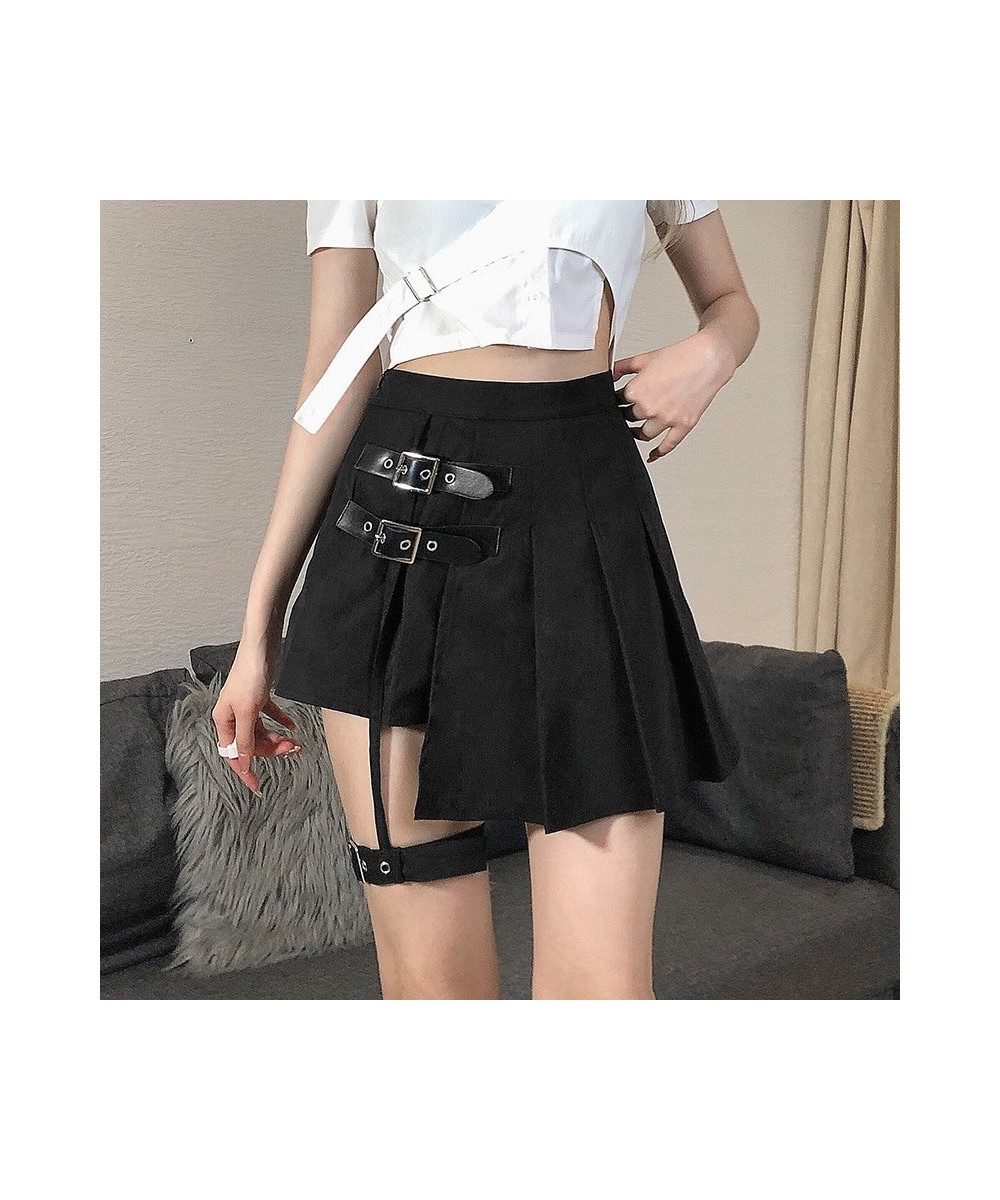 Black Leg Ring Asymmetrical Pleated Skirt Lining Metal Buckle High Waist Slim and Fresh Short Skirt Skirt $55.59 - Skirts