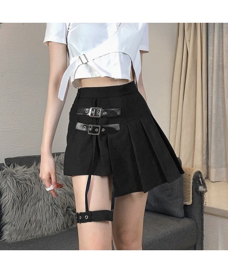 Black Leg Ring Asymmetrical Pleated Skirt Lining Metal Buckle High Waist Slim and Fresh Short Skirt Skirt $55.59 - Skirts