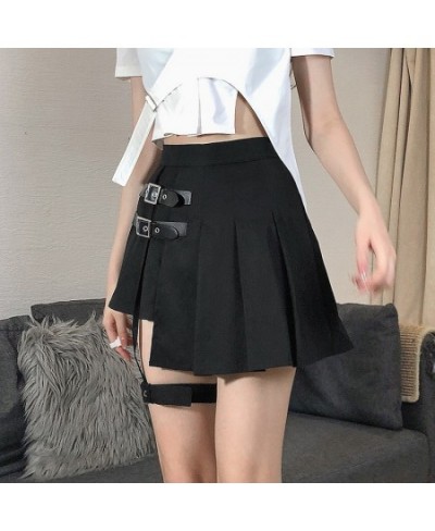 Black Leg Ring Asymmetrical Pleated Skirt Lining Metal Buckle High Waist Slim and Fresh Short Skirt Skirt $55.59 - Skirts