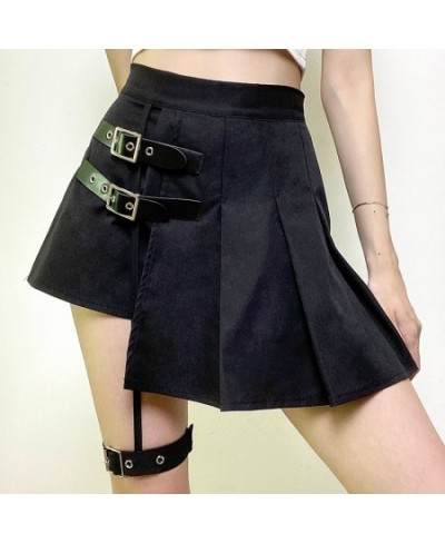 Black Leg Ring Asymmetrical Pleated Skirt Lining Metal Buckle High Waist Slim and Fresh Short Skirt Skirt $55.59 - Skirts