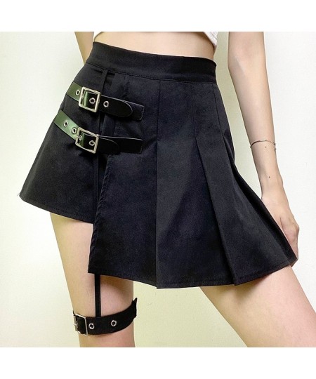 Black Leg Ring Asymmetrical Pleated Skirt Lining Metal Buckle High Waist Slim and Fresh Short Skirt Skirt $55.59 - Skirts