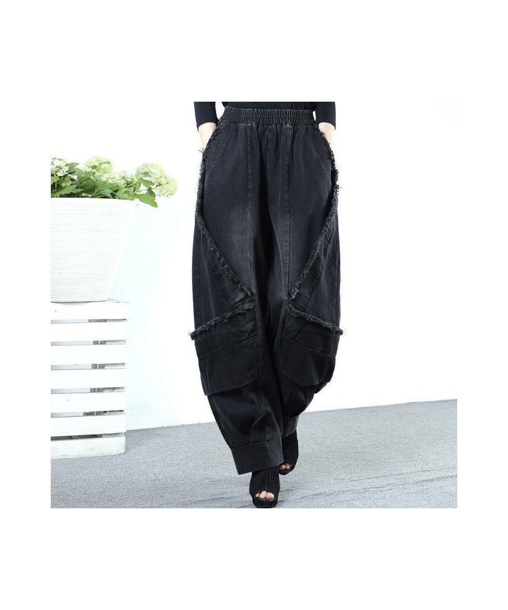 Black Wide-leg Jeans Harlan Pants Loose Fashion Casual Full Length High Waist Patchwork Print Pocket Jeans Women Clothes Spri...