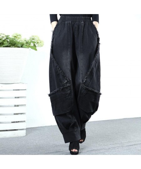 Black Wide-leg Jeans Harlan Pants Loose Fashion Casual Full Length High Waist Patchwork Print Pocket Jeans Women Clothes Spri...