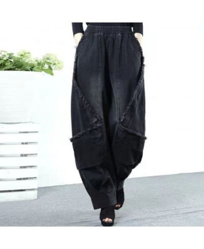 Black Wide-leg Jeans Harlan Pants Loose Fashion Casual Full Length High Waist Patchwork Print Pocket Jeans Women Clothes Spri...