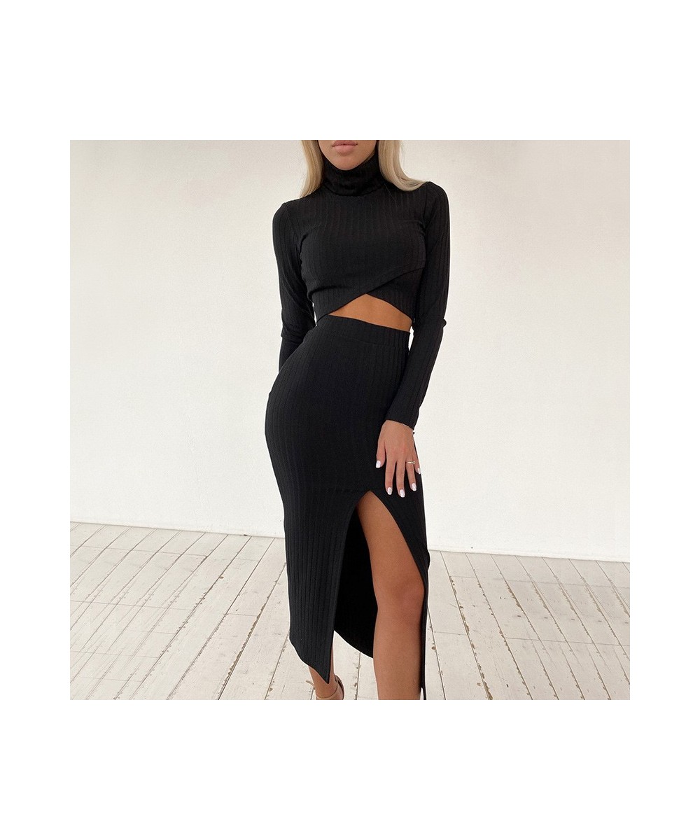 2022 Women's Solid Color Knitted Ribbed Cross Short Top and Split Skirt Suit Split Pleated Skirt Long Sleeve Suit Ladies Autu...