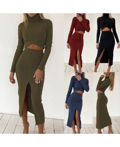 2022 Women's Solid Color Knitted Ribbed Cross Short Top and Split Skirt Suit Split Pleated Skirt Long Sleeve Suit Ladies Autu...