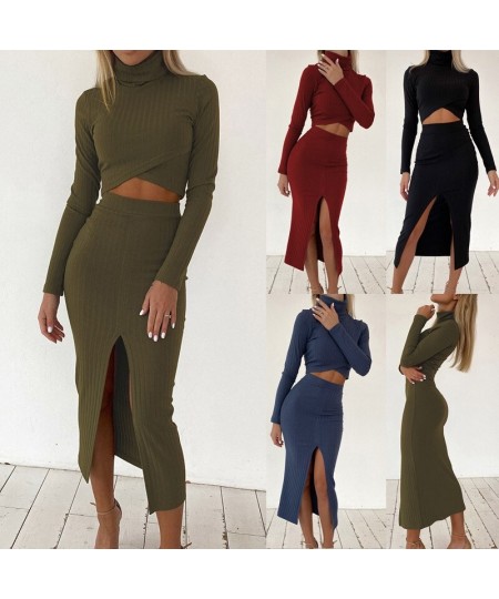 2022 Women's Solid Color Knitted Ribbed Cross Short Top and Split Skirt Suit Split Pleated Skirt Long Sleeve Suit Ladies Autu...