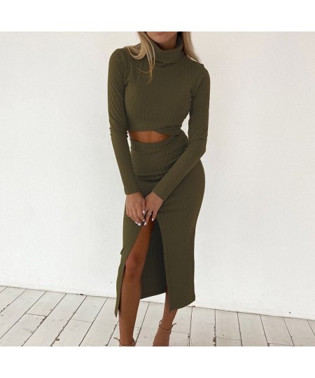 2022 Women's Solid Color Knitted Ribbed Cross Short Top and Split Skirt Suit Split Pleated Skirt Long Sleeve Suit Ladies Autu...