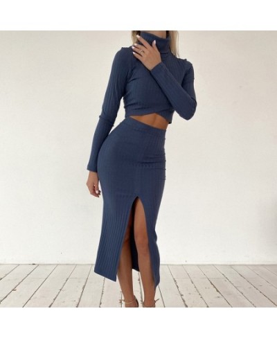 2022 Women's Solid Color Knitted Ribbed Cross Short Top and Split Skirt Suit Split Pleated Skirt Long Sleeve Suit Ladies Autu...