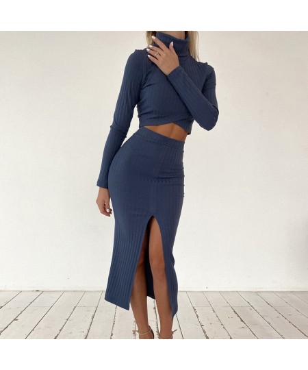 2022 Women's Solid Color Knitted Ribbed Cross Short Top and Split Skirt Suit Split Pleated Skirt Long Sleeve Suit Ladies Autu...