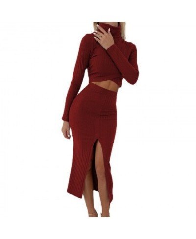 2022 Women's Solid Color Knitted Ribbed Cross Short Top and Split Skirt Suit Split Pleated Skirt Long Sleeve Suit Ladies Autu...