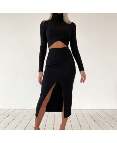 2022 Women's Solid Color Knitted Ribbed Cross Short Top and Split Skirt Suit Split Pleated Skirt Long Sleeve Suit Ladies Autu...