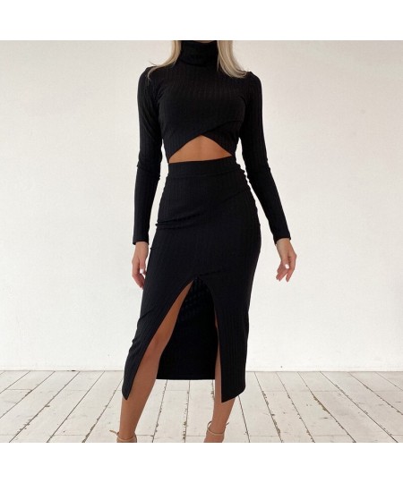 2022 Women's Solid Color Knitted Ribbed Cross Short Top and Split Skirt Suit Split Pleated Skirt Long Sleeve Suit Ladies Autu...