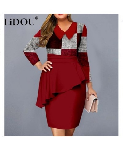 Autumn Winter Patchwork Plus Size Fashion Sexy Hip Package Dress Long Sleeve Print Irregular Ruffle Chic Oversized Bodycon $6...