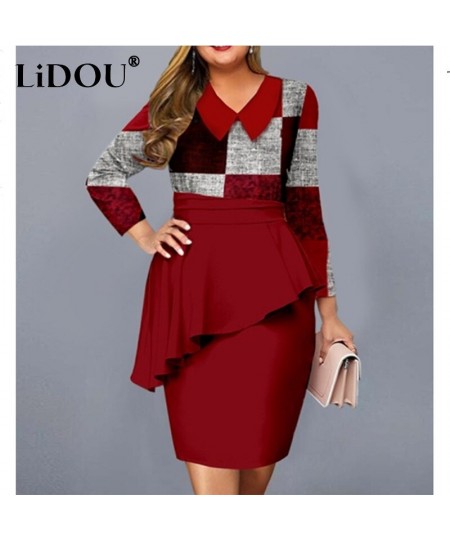 Autumn Winter Patchwork Plus Size Fashion Sexy Hip Package Dress Long Sleeve Print Irregular Ruffle Chic Oversized Bodycon $6...