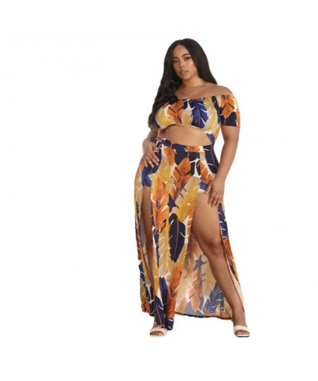 Print Plus Size Sets Two Piece Set Women Summer Sexy Off Shoulder Top Slip Hem Pants Fashion Streetwear Wholesale $43.04 - Pl...