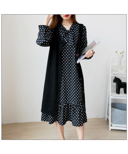 Autumn Winter Women Plus Size Women Clothing Sets Dot Loose Chiffon Long Sleeve Dress And Vest Two Piece Suits Black 3XL-8XL ...