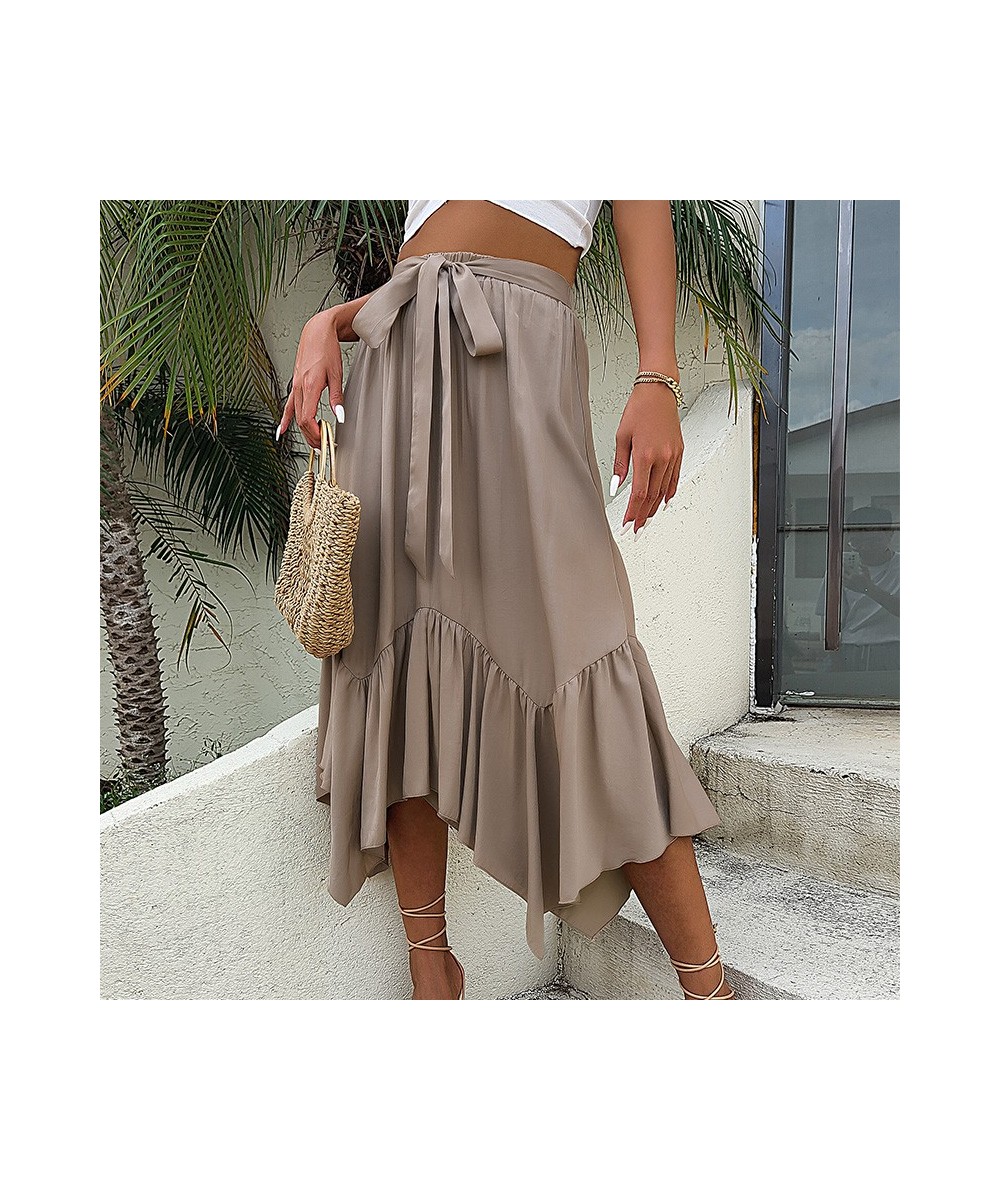 Elegant Fashion Khaki Asymmetric Hem Skirt For Women Summer High Waist Lace Up Casual Pleated Skirt Solid Beach Dress $42.22 ...