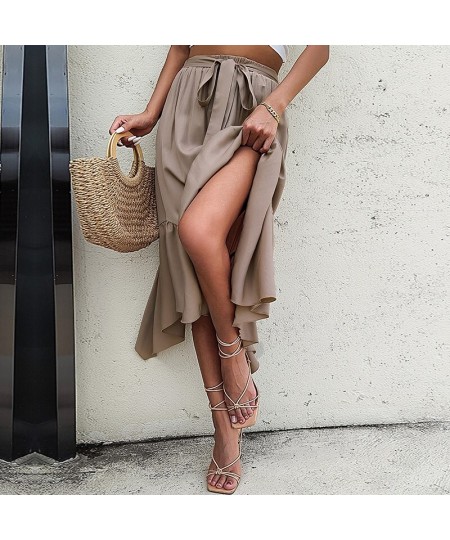 Elegant Fashion Khaki Asymmetric Hem Skirt For Women Summer High Waist Lace Up Casual Pleated Skirt Solid Beach Dress $42.22 ...