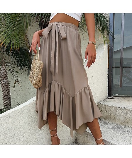 Elegant Fashion Khaki Asymmetric Hem Skirt For Women Summer High Waist Lace Up Casual Pleated Skirt Solid Beach Dress $42.22 ...