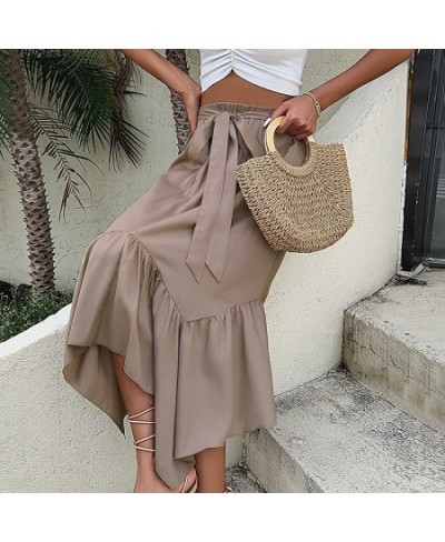 Elegant Fashion Khaki Asymmetric Hem Skirt For Women Summer High Waist Lace Up Casual Pleated Skirt Solid Beach Dress $42.22 ...