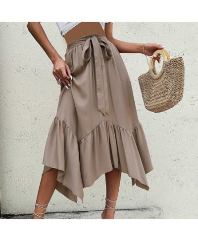 Elegant Fashion Khaki Asymmetric Hem Skirt For Women Summer High Waist Lace Up Casual Pleated Skirt Solid Beach Dress $42.22 ...