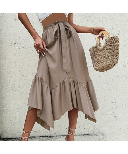 Elegant Fashion Khaki Asymmetric Hem Skirt For Women Summer High Waist Lace Up Casual Pleated Skirt Solid Beach Dress $42.22 ...