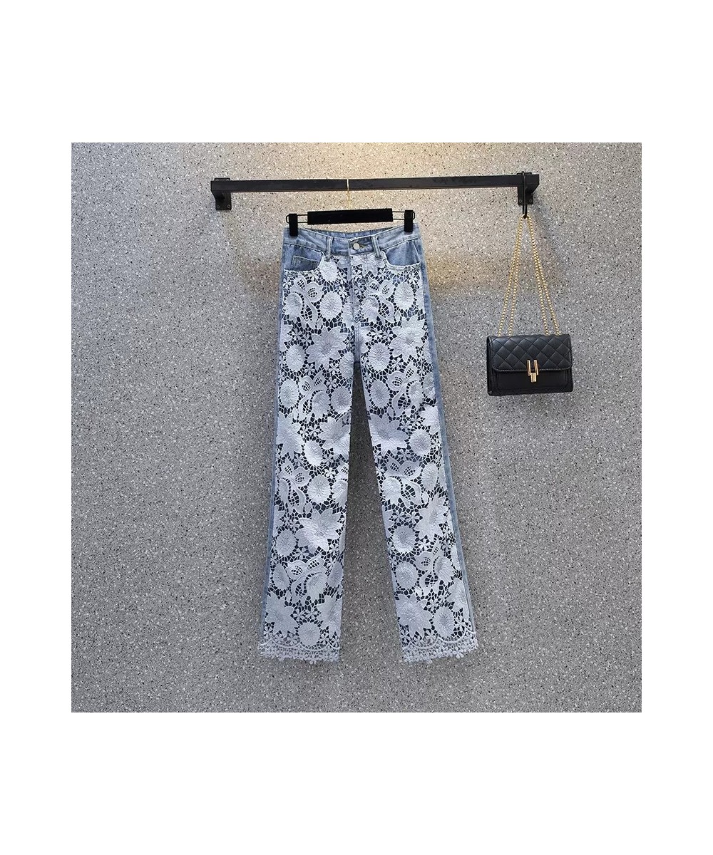 Summer New Jeans Loose Hollow Out Lace Splice Denim Pants Women High Waist Wide Leg Pant Female Casual Trousers Pantalon Femm...