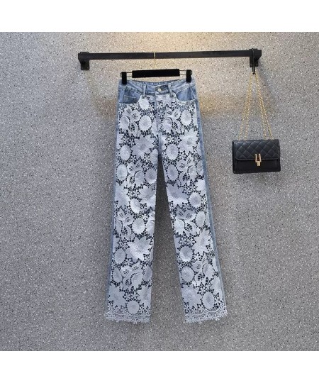 Summer New Jeans Loose Hollow Out Lace Splice Denim Pants Women High Waist Wide Leg Pant Female Casual Trousers Pantalon Femm...