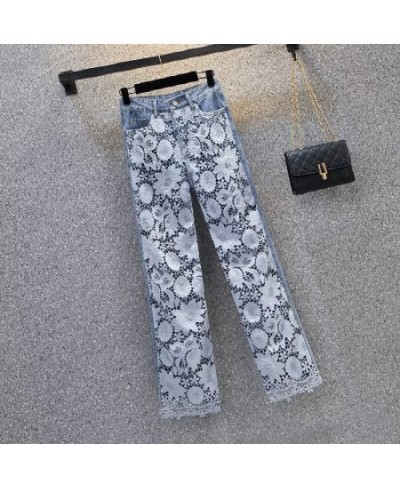 Summer New Jeans Loose Hollow Out Lace Splice Denim Pants Women High Waist Wide Leg Pant Female Casual Trousers Pantalon Femm...