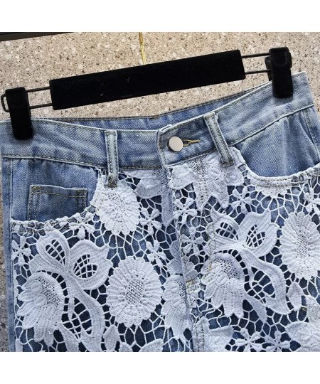 Summer New Jeans Loose Hollow Out Lace Splice Denim Pants Women High Waist Wide Leg Pant Female Casual Trousers Pantalon Femm...