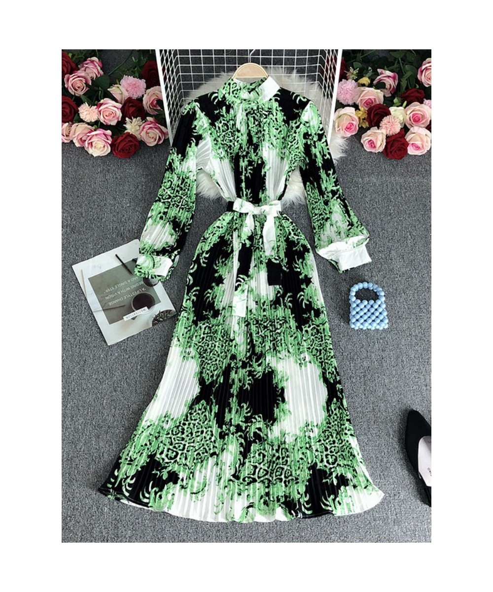 European style retro printing heavy pleated long dress ladies temperament small stand collar slim holiday dress women $49.76 ...